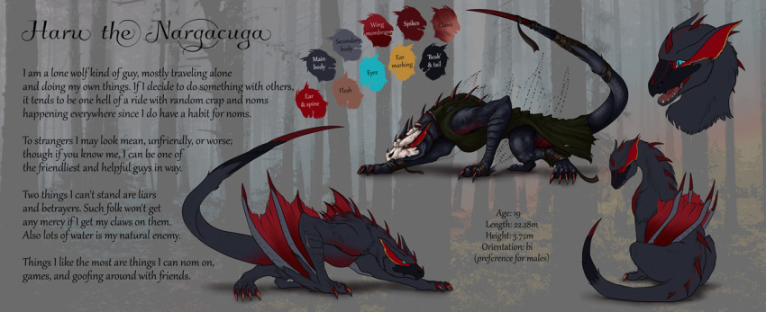 2019 blue_eyes capcom claws english_text feral membranous_wings model_sheet monster_hunter nargacuga natoli open_mouth solo spines teeth text tongue video_games wings