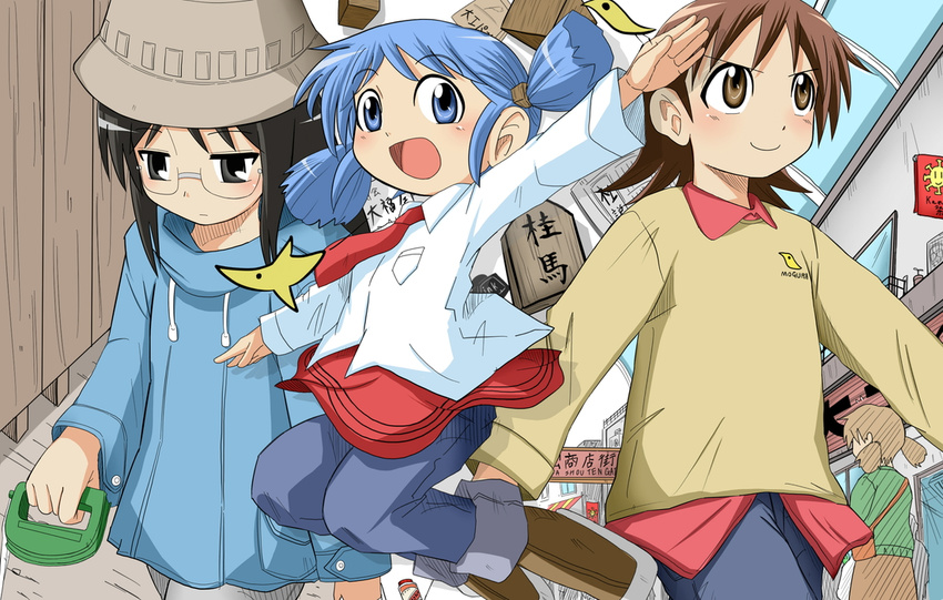 aioi_yuuko black_eyes black_hair blue_eyes blue_hair brown_eyes brown_hair hair_cubes hair_ornament hat md5_mismatch minakami_mai multiple_girls naganohara_mio necktie nichijou shijiani skirt smile