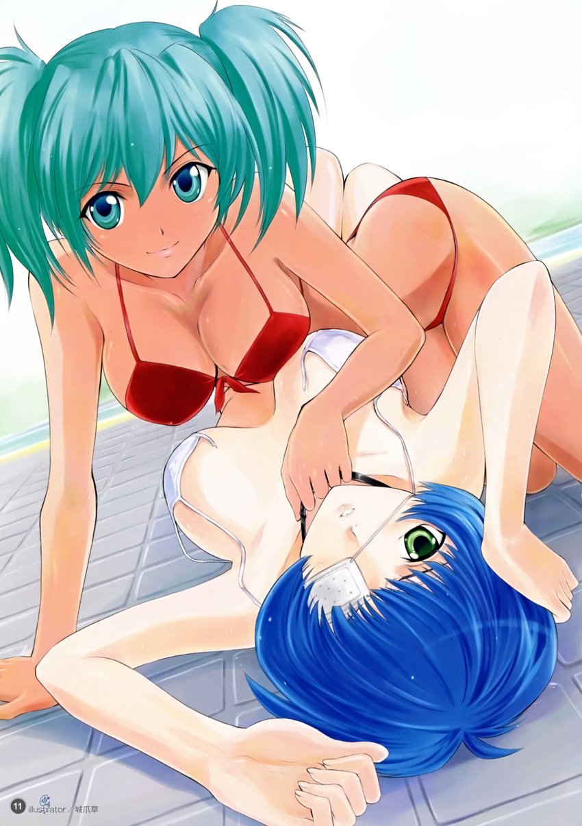 absurdres aqua_eyes aqua_hair bikini blue_hair breasts choker cleavage collarbone eyepatch front-tie_bikini front-tie_top green_eyes green_hair hand_on_own_head highres holding ikkitousen looking_at_viewer lying medium_breasts multiple_girls on_back red_bikini ryofu_housen ryomou_shimei shirotsumekusa short_hair short_twintails smile swimsuit tan twintails untied untied_bikini white_bikini yuri