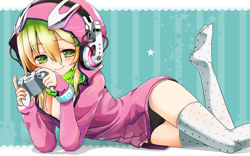 banana banana_(kuromaru9) banana_hair_ornament black_panties blonde_hair breasts cleavage controller food food_themed_hair_ornament fruit game_controller gamepad gradient_hair green_eyes green_hair hair_ornament headphones highres hood hoodie kuromaru9 leg_up lips long_hair looking_at_viewer lying multicolored_hair no_bra no_pants on_side original panties personification polka_dot polka_dot_legwear scarf small_breasts smile solo thighhighs thighs underwear wallpaper white_legwear