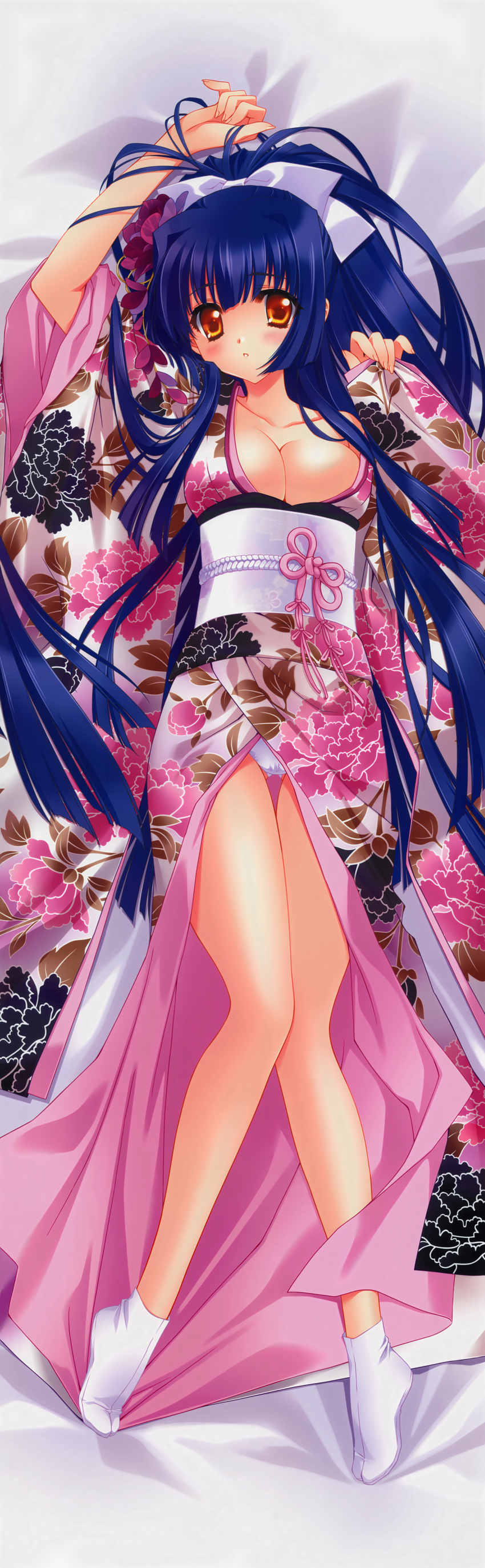 absurdres bare_legs bed blue_hair blush breasts carnelian cleavage dakimakura floral_print full_body furisode highres japanese_clothes kao_no_nai_tsuki kimono kuraki_suzuna long_hair medium_breasts obi panties ponytail sash scan solo tabi thigh_gap underwear yellow_eyes