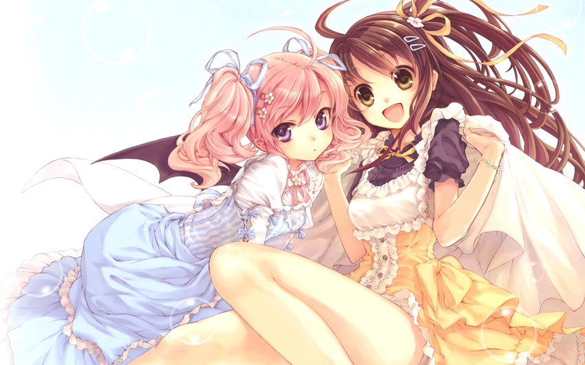 :d ahoge bed_sheet bracelet brown_hair demon_wings dress frills green_eyes hair_ornament hair_ribbon hairclip highres jewelry long_hair multiple_girls open_mouth original pink_hair purple_eyes ribbon smile source_request twintails wings yashiro_seika