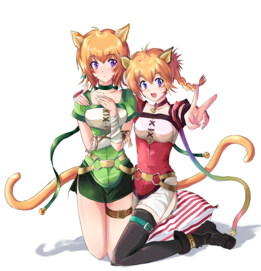 :d animal_ears bad_id bad_pixiv_id bandages blush cat_ears cat_tail choker echizen_(hvcv) fire_emblem fire_emblem:_akatsuki_no_megami fire_emblem:_souen_no_kiseki hand_on_own_chest hug kneeling lethe lyre_(fire_emblem) multiple_girls open_mouth orange_hair pillow purple_eyes short_hair siblings side_slit sisters sitting sitting_on_pillow smile tail tattoo thigh_strap thighhighs v