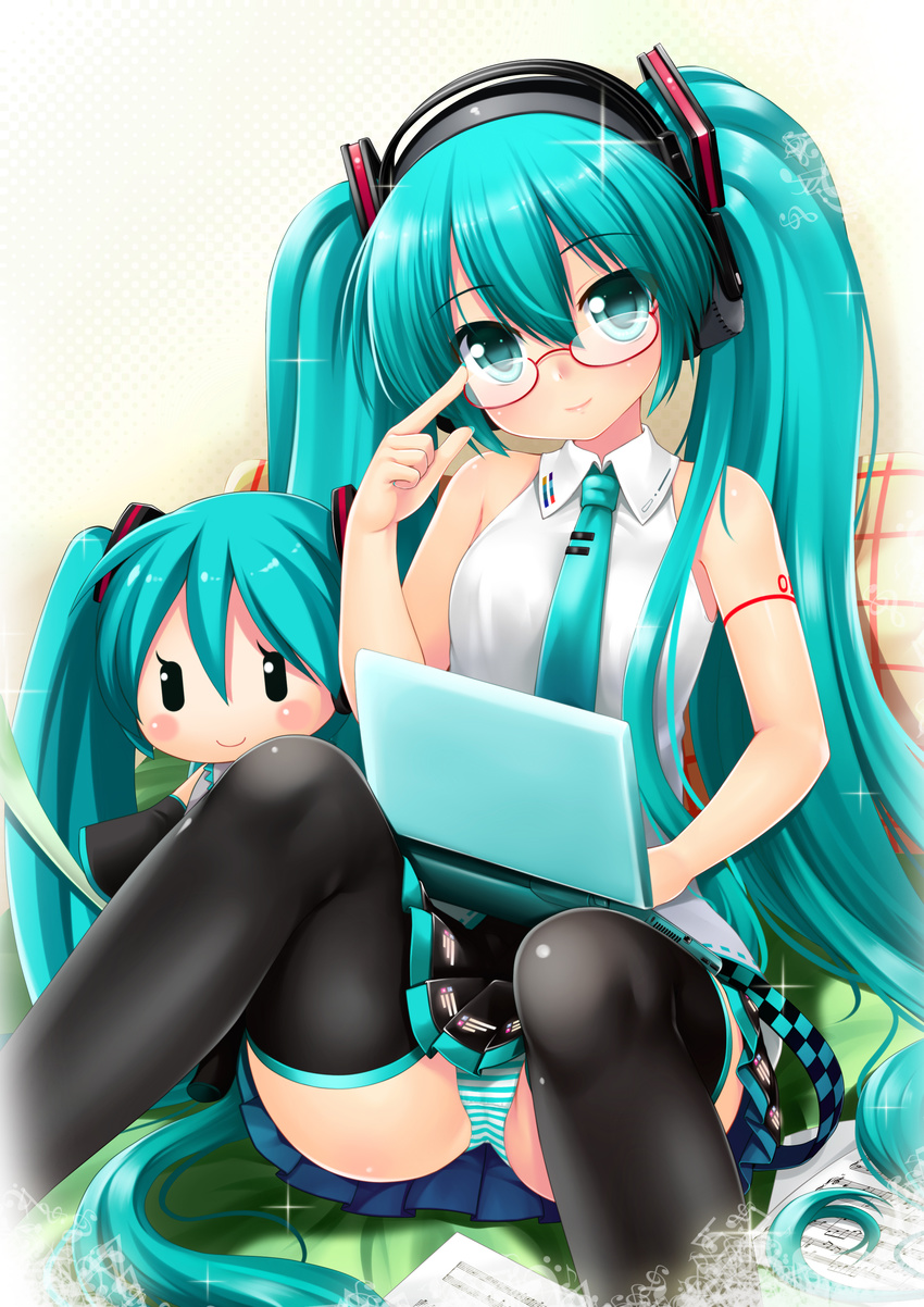 absurdres aqua_eyes aqua_hair bad_id bad_pixiv_id bespectacled computer dakemakura-koubou glasses hatsune_miku headphones highres laptop long_hair panties red-framed_eyewear skirt smile solo striped striped_panties stuffed_toy thighhighs twintails underwear very_long_hair vocaloid vocaloid_(lat-type_ver)