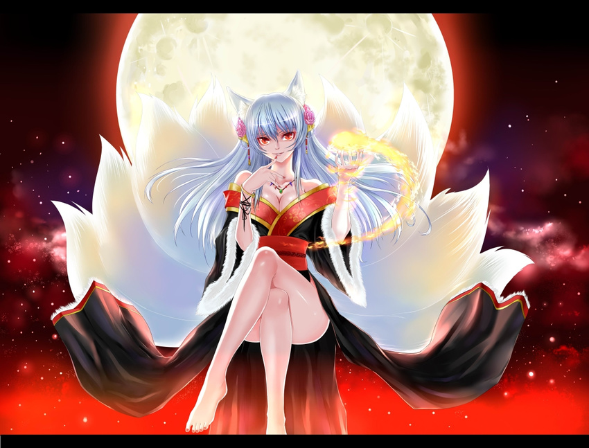 animal_ears bare_legs bare_shoulders barefoot breasts cleavage crossed_legs fire fox_ears fox_tail full_moon large_breasts legs letterboxed long_hair moon multiple_tails original red_eyes silver_hair sitting smile solo tail white_hair windtalker