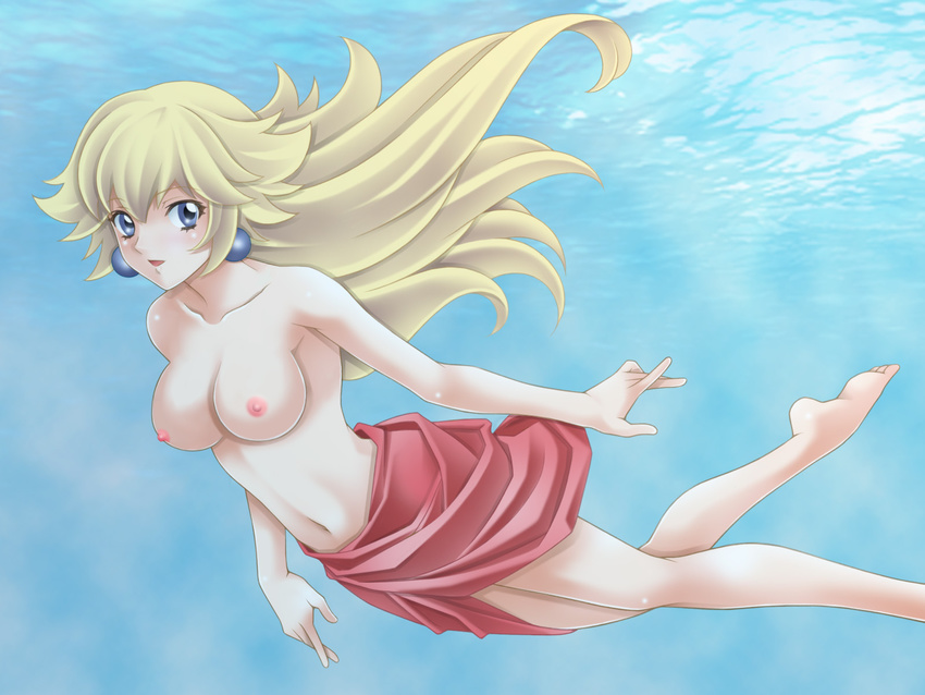 barefoot blonde_hair blue_eyes breasts freediving highres holding_breath long_hair mario_(series) nintendo nipples nude_filter photoshop princess_peach sarong solo super_mario super_mario_bros. swimming swimsuit tamamon topless underwater