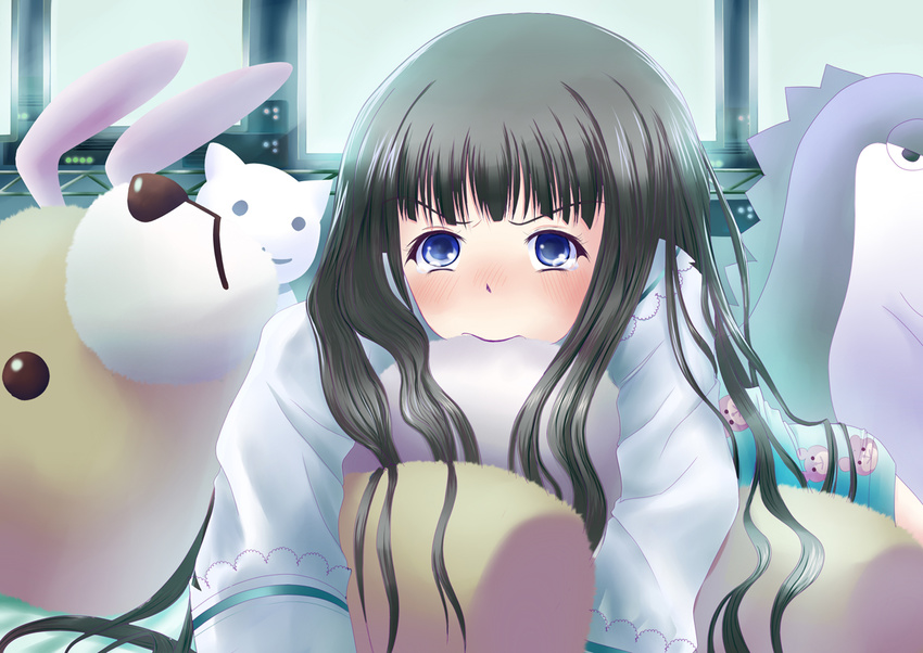 animal_print bear_print black_hair blue_eyes bunny computer kami-sama_no_memo-chou long_hair monitor nekoya_kazuya pillow_bite shionji_yuuko solo stuffed_animal stuffed_toy tears teddy_bear very_long_hair