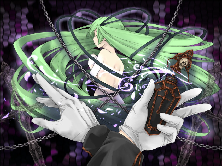 bottle cantarella_(vocaloid) chain closed_eyes dagger green_hair hatsune_miku kaito kooten_bergh_no_youhei long_hair nude pov twintails vocaloid weapon