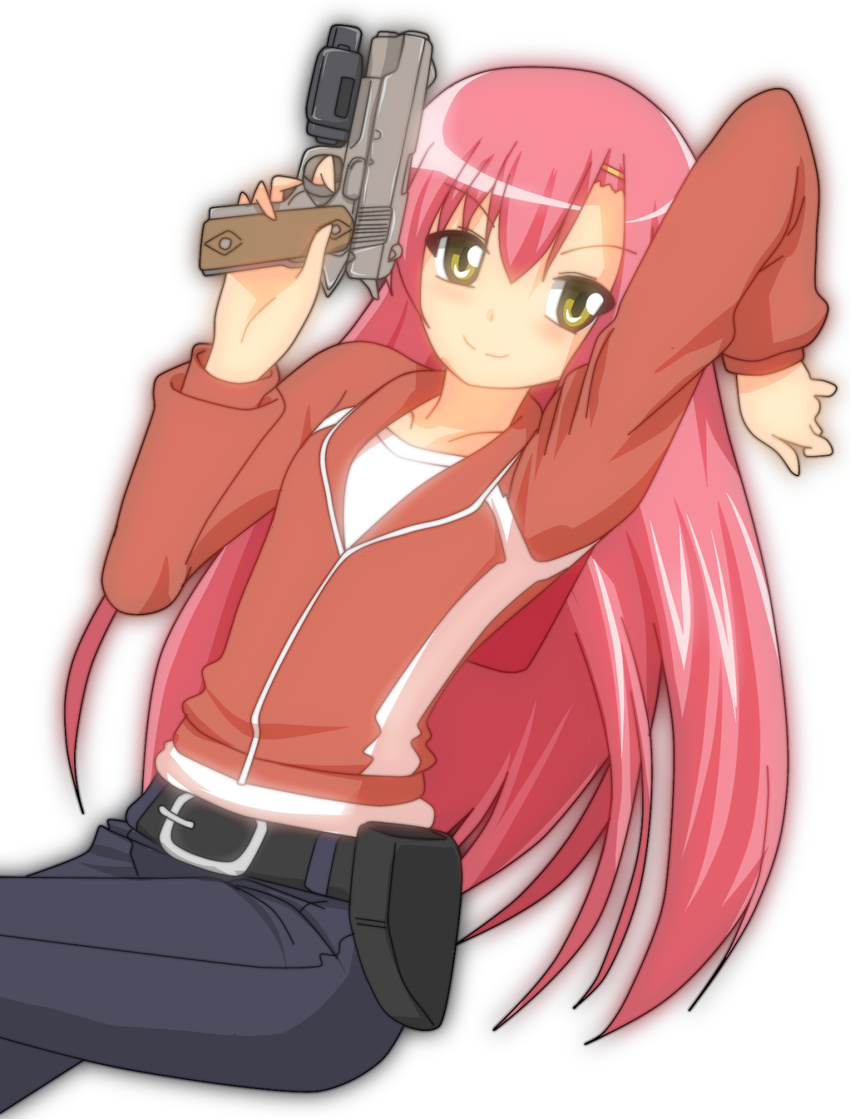 cosplay crossdraw_holster finger_on_trigger gun handgun hangaku hayate_no_gotoku! highres holding holding_gun holding_weapon holster katsura_hinagiku laser_sight left_4_dead long_hair m1911 pink_hair pistol smile solo transparent_background weapon yellow_eyes zoey_(left4dead)