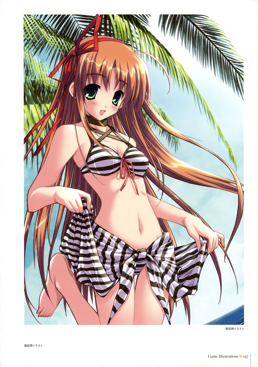 absurdres alpeggio amane_sou barefoot bikini blush breasts brown_hair cleavage day front-tie_top green_eyes highres kitami_chisato long_hair medium_breasts navel open_mouth palm_tree sarong sarong_lift solo striped striped_bikini striped_sarong swimsuit thigh_gap tree