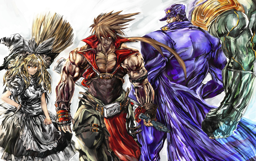 arc_system_works blonde_hair broom brown_hair crossover girl guilty_gear hat highres jojo_no_kimyou_na_bouken kirisame_marisa kuujou_joutarou m.u.g.e.n male male_focus manly mugen_(game) muscle sol_badguy stand_(jojo) star_platinum touhou