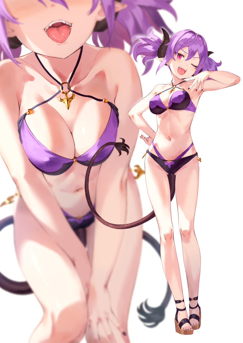 1girl ;d bikini blurry blush breasts cleavage criss-cross_halter demon_girl demon_tail depth_of_field gluteal_fold halterneck hand_on_hip head_tilt highres horns kinta_(distortion) medium_breasts multi-strapped_bikini multiple_views nail_polish navel o-ring o-ring_bikini o-ring_top one_eye_closed open_mouth original pink_eyes pointy_ears purple_background purple_hair sharp_teeth simple_background smile standing swimsuit tail teeth tongue tongue_out twintails white_background