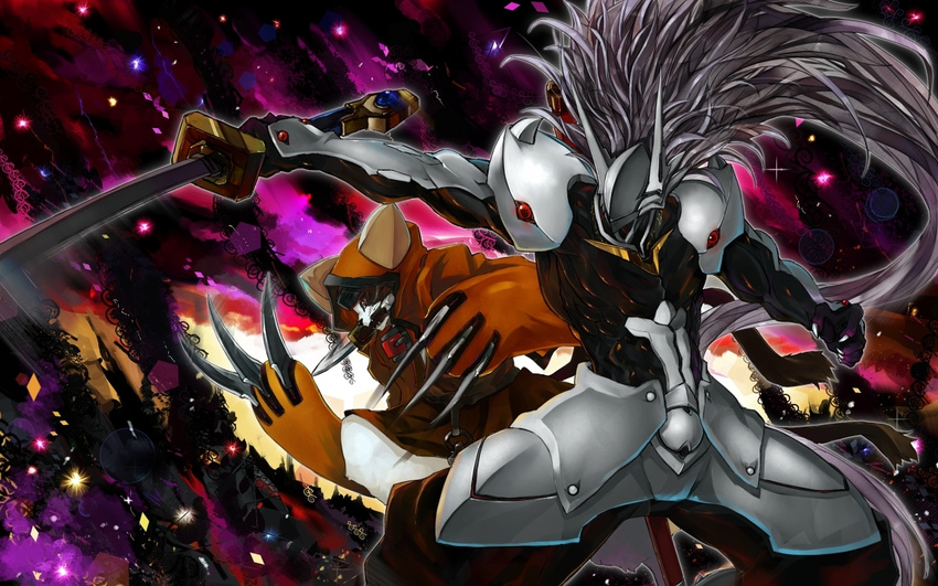 animal_hood armor blazblue cat_hood claws gond hakumen hood jubei_(blazblue) long_hair male_focus mask multiple_boys multiple_tails outstretched_arm red_eyes silver_hair sword tail weapon