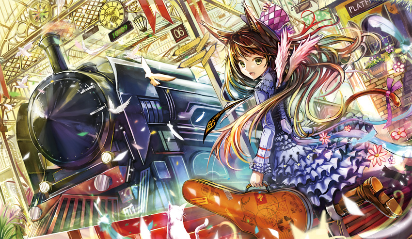:d akabane_(zebrasmise) analog_clock animal animal_ears bird blonde_hair boots brown_hair cat cat_ears cat_tail clock cross-laced_footwear digital_clock dove dress dutch_angle fang feathers flower frills green_eyes ground_vehicle guitar_case hand_on_headwear hat instrument_case lace-up_boots locomotive long_hair open_mouth original ribbon signpost smile solo steam_locomotive tail tail_ribbon train train_station wings