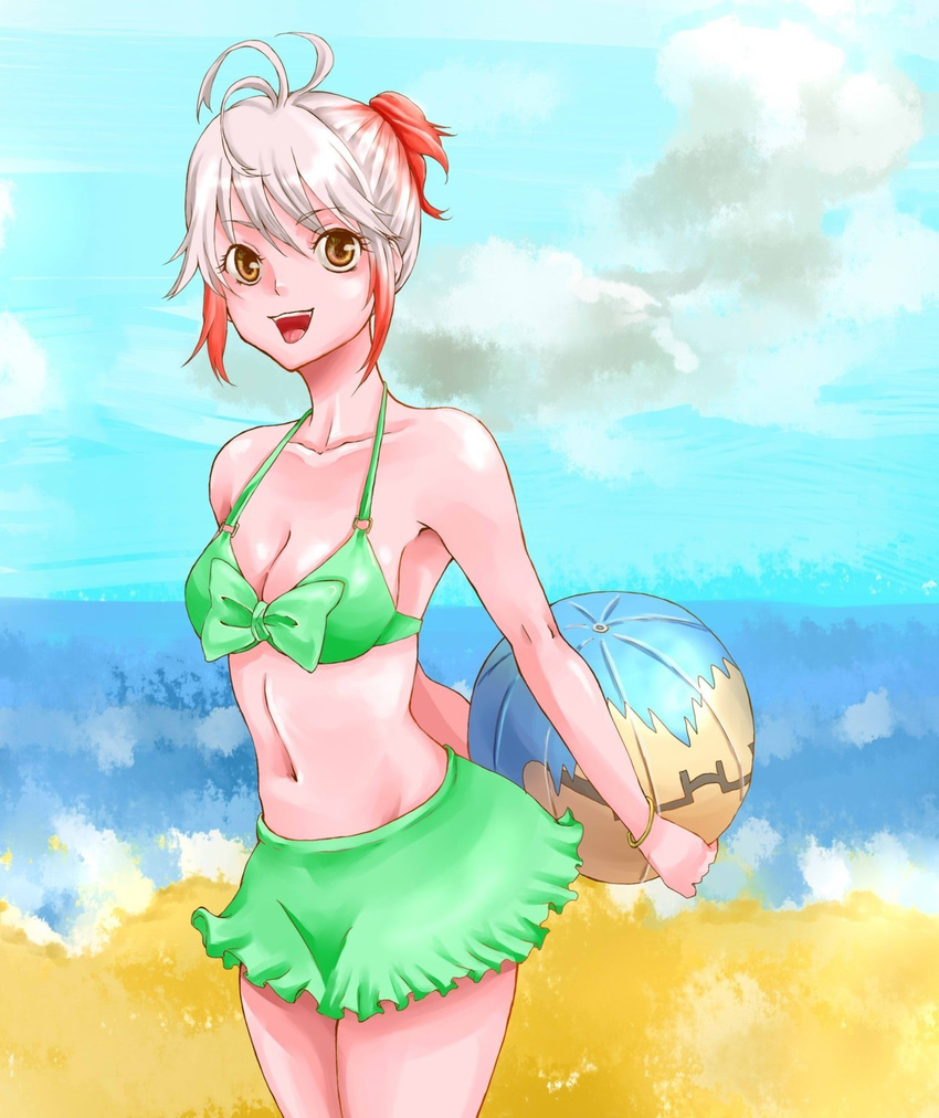:d ahoge alternate_hairstyle bad_id bad_pixiv_id ball beachball bikini bikini_skirt bom_(kinokokun) bow bracelet breasts brown_eyes cleavage cloud day front-tie_top gradient_hair happy highres holding_beachball jewelry medium_breasts multicolored_hair navel open_mouth pascal ponytail red_hair short_hair sidelocks sky smile solo summer swimsuit tales_of_(series) tales_of_graces water white_hair