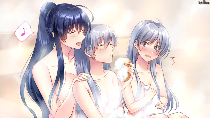 3girls :d ahoge bath blue_eyes blue_hair blush breasts copyright_name hair_between_eyes hand_on_another's_shoulder highres indoors large_breasts looking_at_another multiple_girls musical_note nude official_art open_mouth ponytail psychic_hearts scrubber silver_hair sitting small_breasts smile soap spoken_musical_note steam towel upper_body