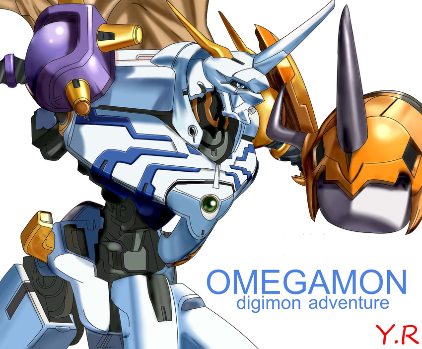 blue_eyes cape digimon digimon_adventure highres horn no_humans omegamon solo yuuri-622