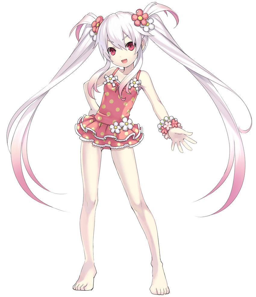 :d albino alternate_costume barefoot bracelet casual_one-piece_swimsuit child cross_edge eruma feet flat_chest flower frilled_swimsuit frills full_body gradient_hair hair_flower hair_ornament hand_on_hip hands highres jewelry legs long_hair multicolored_hair official_art one-piece_swimsuit open_mouth pale_skin pink_eyes pink_hair pink_swimsuit polka_dot polka_dot_swimsuit simple_background smile solo standing swimsuit tsunako twintails very_long_hair white_hair