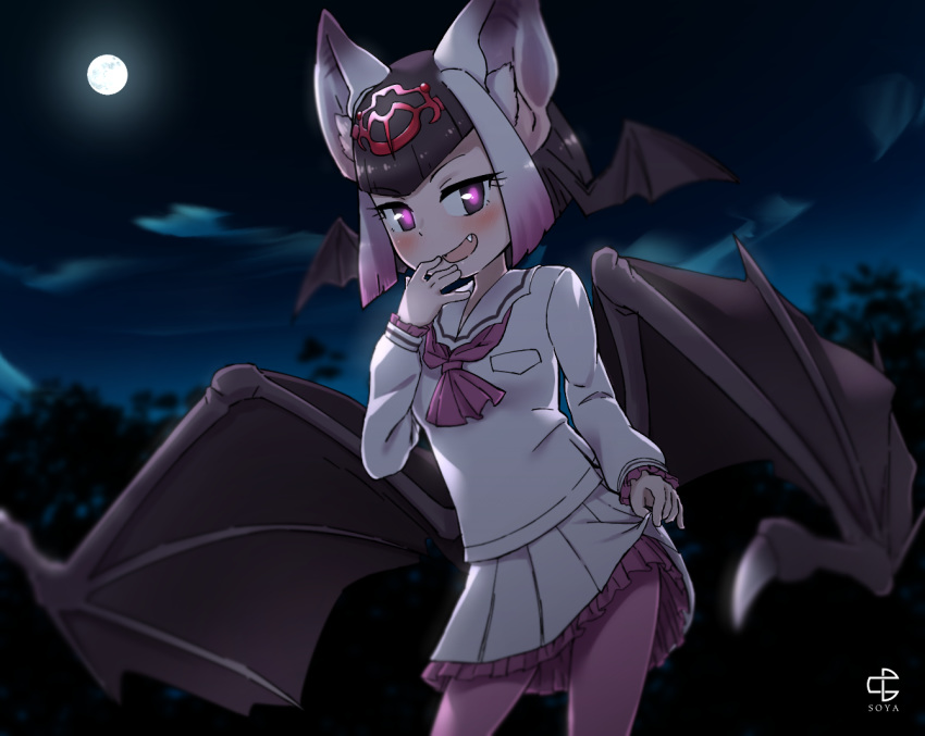 1girl :d animal_ear_fluff ascot bat_wings black_hair commentary_request common_vampire_bat_(kemono_friends) fang full_moon gradient_hair hand_to_own_mouth head_wings kasugai_isoya kemono_friends lifted_by_self long_sleeves looking_at_viewer moon multicolored_hair night open_mouth outdoors pantyhose pink_hair pink_legwear pink_neckwear pleated_skirt purple_eyes sailor_collar shirt short_hair skirt skirt_lift smile solo underskirt white_hair white_sailor_collar white_shirt white_skirt wings