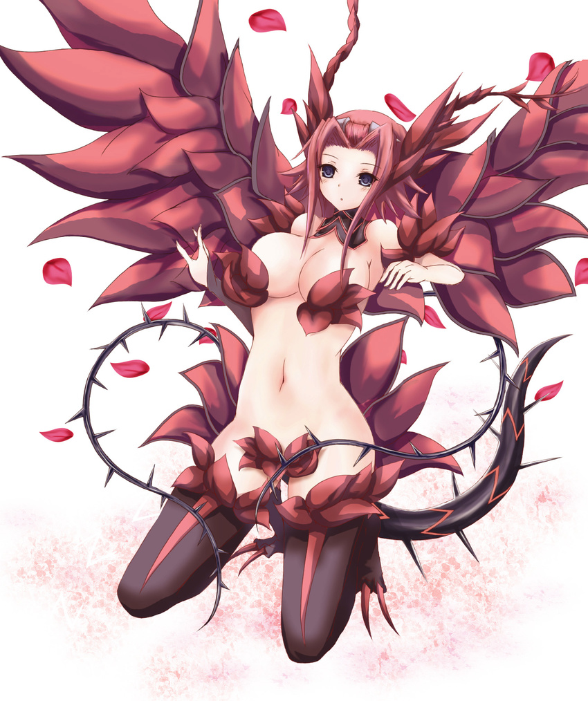 akina_t bare_shoulders black_rose_dragon blue_eyes blush breasts censored cleavage convenient_censoring dragon_girl duel_monster fusion highres horns izayoi_aki kneeling large_breasts monster_girl navel petals red_hair solo tail thighhighs thorns wings yuu-gi-ou yuu-gi-ou_5d's