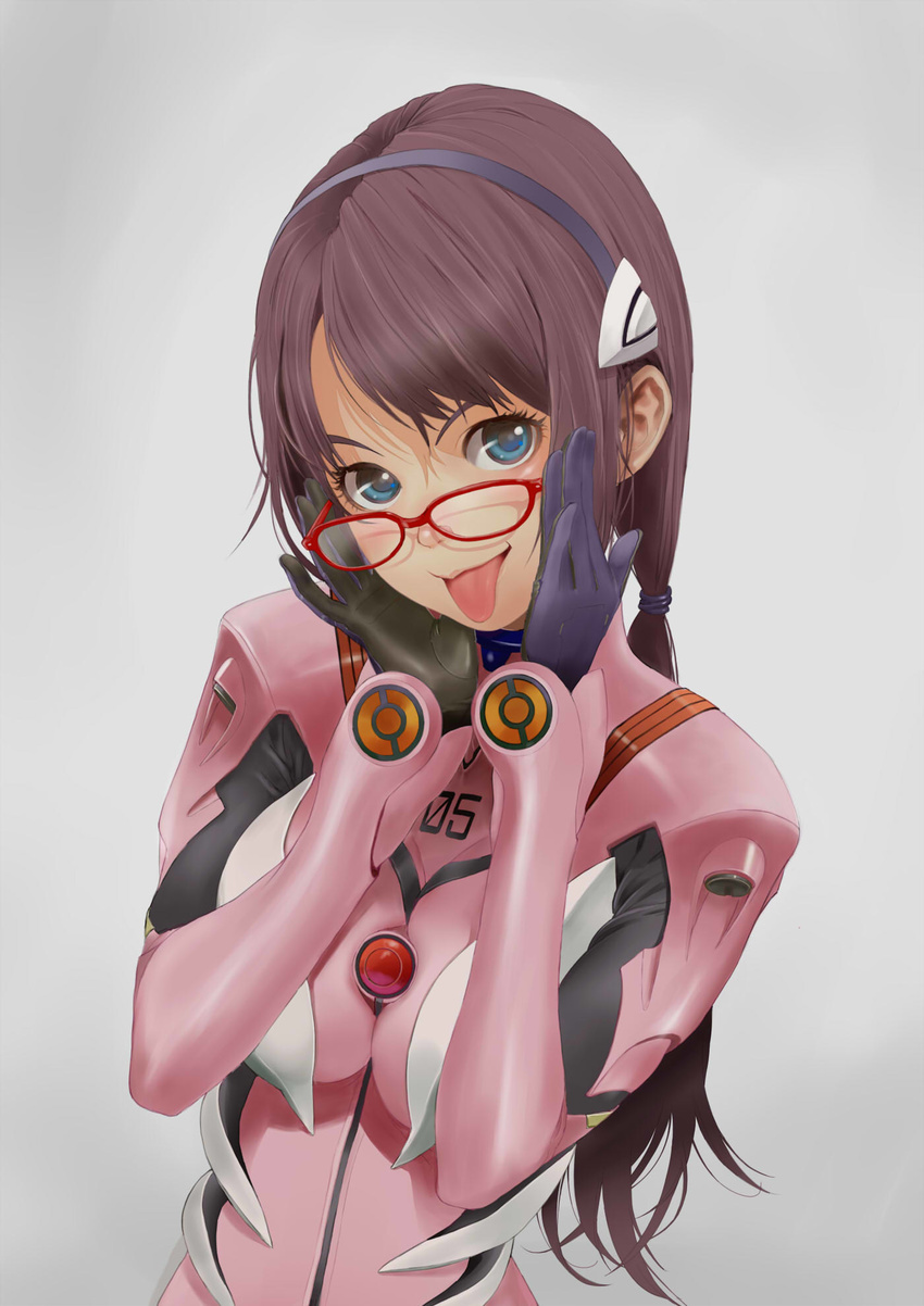 :p adjusting_eyewear bangs blue_eyes blush bodysuit breast_squeeze breasts evangelion:_2.0_you_can_(not)_advance face glasses gloves grey_background grey_hair hairband highres large_breasts long_hair looking_at_viewer low_twintails makinami_mari_illustrious manbou_(manvow) neon_genesis_evangelion number parted_bangs pink_bodysuit plugsuit rebuild_of_evangelion red-framed_eyewear scrunchie simple_background solo tongue tongue_out turtleneck twintails upper_body