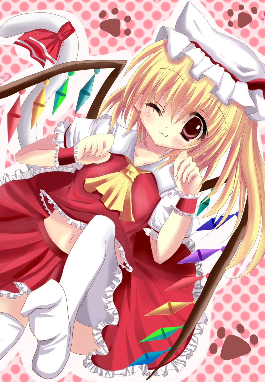 :3 animal_ears ascot blonde_hair blush cat_ears cat_tail censored convenient_censoring flandre_scarlet hane. hat hat_with_ears highres kemonomimi_mode midriff navel no_panties one_eye_closed paw_pose red_eyes ribbon shirt skirt skirt_set solo tail tail_ribbon thighhighs touhou white_legwear wings wrist_cuffs zettai_ryouiki