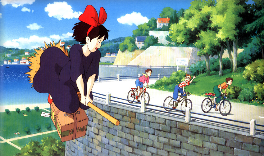3boys 80s :d artist_request bicycle black_dress blush bow box broom broom_riding brown_hair day dress flying glasses grass ground_vehicle hair_bow highres house kiki majo_no_takkyuubin multiple_boys ocean official_art oldschool open_mouth outdoors production_art riding scenery ship shirt short_hair smile striped striped_shirt tombo town tree water watercraft waving witch