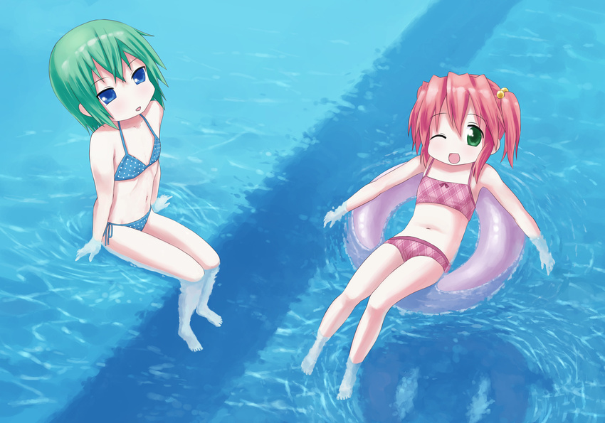 bad_id bad_pixiv_id bikini blue_eyes flat_chest green_eyes green_hair innertube isou_nagi iwasaki_minami kobayakawa_yutaka lucky_star multiple_girls one_eye_closed pool red_hair short_hair submerged swimsuit twintails water