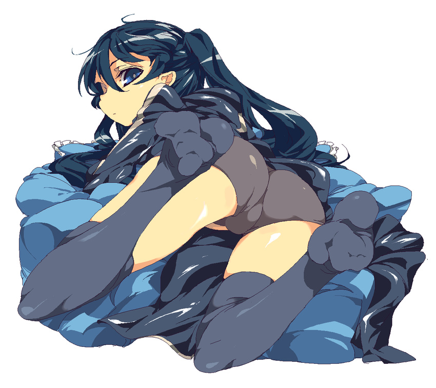 alabaster_(artist) ass black_hair black_rock_shooter black_rock_shooter_(character) blue_eyes feet foreshortening long_hair looking_back lying oekaki on_stomach shorts solo thighhighs twintails