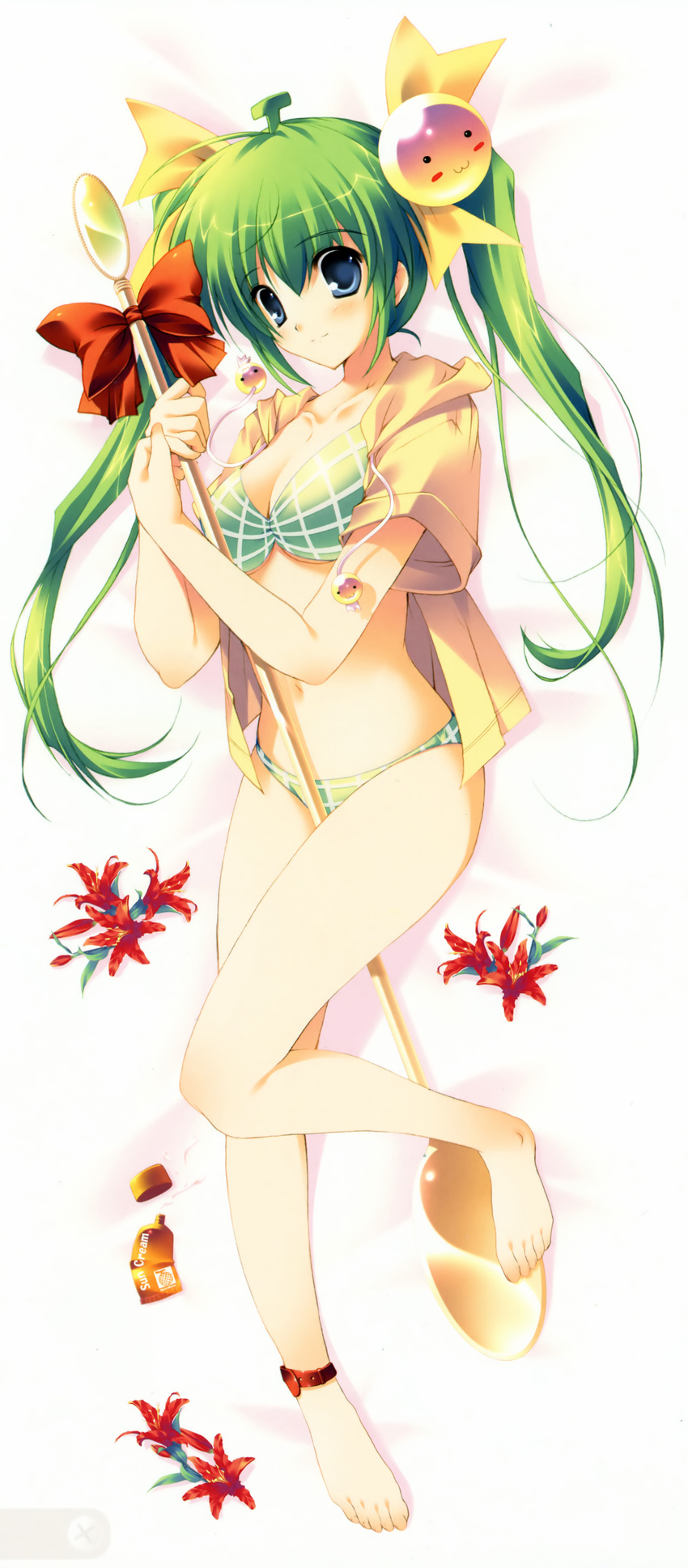 absurdres ahoge ankleband anklet barefoot between_legs bikini blue_eyes bow dakimakura full_body green_hair highres jewelry light_smile long_hair lotion melon-chan melonbooks mikeou rod scan solo swimsuit twintails yellow_bow