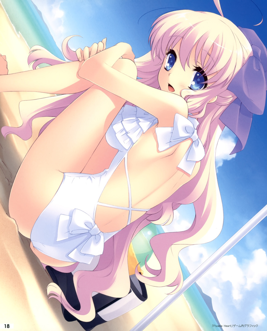 :d absurdres ahoge ass back backless_outfit bare_back beach blonde_hair blue_eyes blush bow breasts casual_one-piece_swimsuit cloud crossed_arms day dutch_angle flyable_heart frilled_swimsuit frills from_behind hair_bow highres itou_noiji large_breasts leg_hug long_hair looking_back minase_sakurako ocean official_art on_ground one-piece_swimsuit open_mouth outdoors parasol sand sitting sky smile solo swimsuit umbrella very_long_hair water wavy_hair white_swimsuit