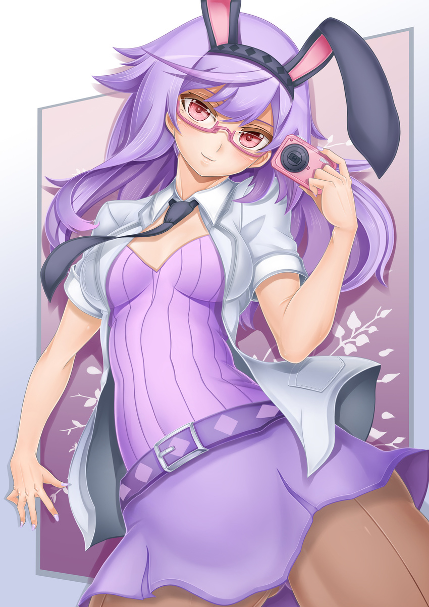 absurdres animal_ears bad_id bad_pixiv_id belt breasts brown_legwear bunny_ears camera copyright_request cowboy_shot duplicate fingernails glasses highres long_hair medium_breasts necktie oni-noboru pantyhose purple_hair red_eyes skirt solo