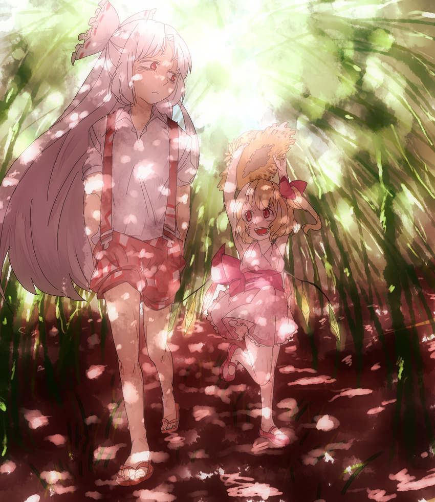 bamboo bamboo_forest blonde_hair bow dress fang flandre_scarlet forest fujiwara_no_mokou hair_bow hat highres hinamiko long_hair mary_janes multiple_girls nature open_mouth pants red_eyes ribbon sandals shoes short_hair shorts side_ponytail smile straw_hat suspenders touhou very_long_hair white_hair wings