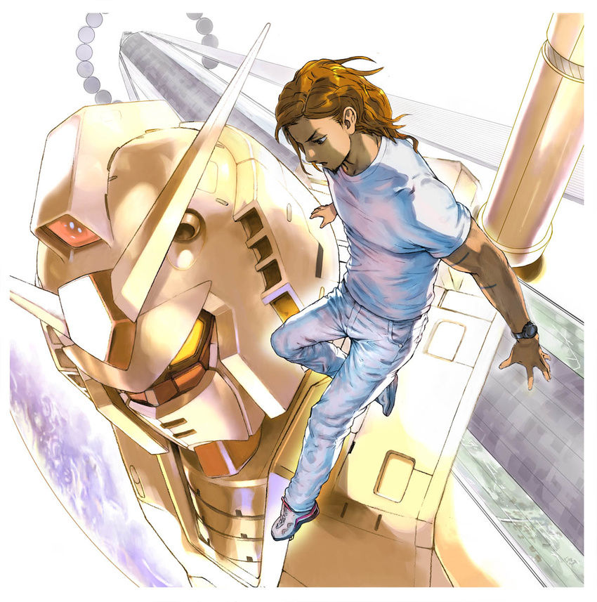 1boy album_cover andrew_wk bad_id bad_pixiv_id brown_hair cover denim earth_(planet) floating gundam gundam_rock highres jeans long_hair male_focus mecha mobile_suit_gundam o'neill_cylinder pants photoshop_(medium) planet robot rx-78-2 shirt shoes sneakers solo space_habitat space_station t-shirt watch yasuda_akira