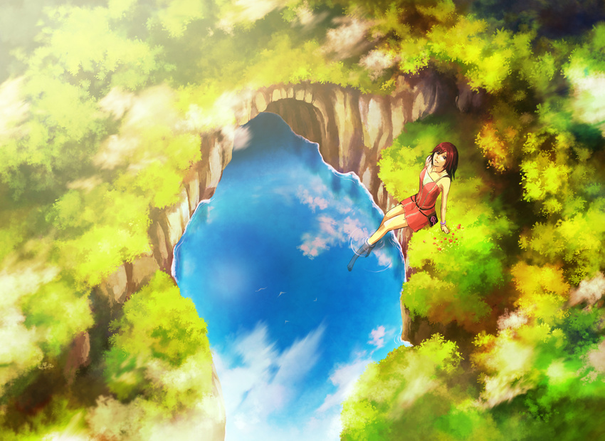 :d arch arm_support arms_at_sides asato-sagamihara bangs bare_legs bare_shoulders barefoot bird blue_eyes blue_sky bracelet breasts day fanny_pack from_above grass highres jewelry kairi_(kingdom_hearts) kingdom_hearts looking_up necklace on_ground open_mouth outdoors pond red_hair reflection sky sleeveless small_breasts smile soaking_feet solo swept_bangs tree water