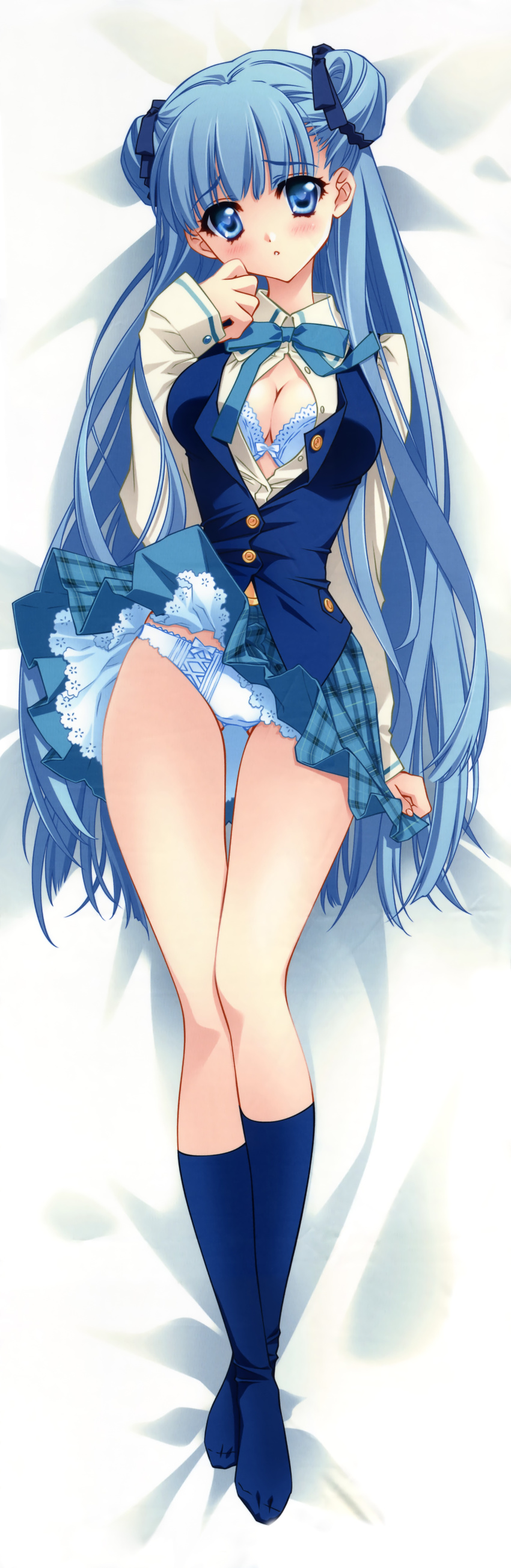 absurdres blue_eyes blue_hair blush bra breasts carnelian cleavage dakimakura full_body highres kneehighs legs lingerie long_hair long_sleeves medium_breasts open_clothes open_shirt panties para-sol plaid plaid_skirt ribbon scan school_uniform shirt skirt socks solo underwear very_long_hair yatabe_noa