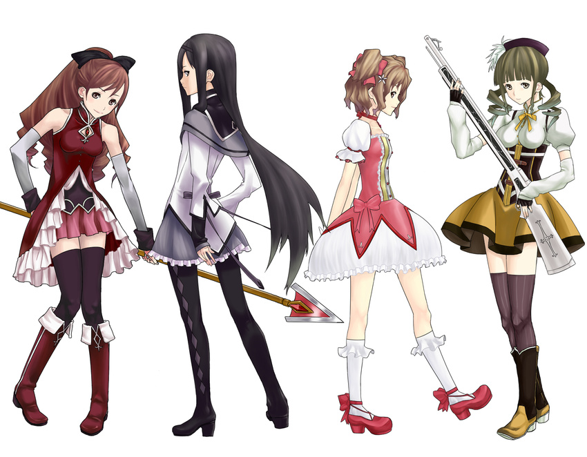 akemi_homura akemi_homura_(cosplay) argyle argyle_legwear bad_id bad_pixiv_id beret black_hair black_legwear boots brown_legwear cosplay detached_sleeves drill_hair fingerless_gloves gloves gun hair_ornament hairpin hanasaku_iroha hat highres kaname_madoka kaname_madoka_(cosplay) knee_boots long_hair magical_girl magical_musket mahou_shoujo_madoka_magica matsumae_ohana multiple_girls needle_(needlebomb) oshimizu_nako pantyhose pleated_skirt polearm puffy_sleeves ribbon rifle sakura_kyouko sakura_kyouko_(cosplay) shirt short_hair short_twintails skirt spear standing striped striped_legwear taut_clothes taut_shirt thighhighs tomoe_mami tomoe_mami_(cosplay) tsurugi_minko twin_drills twintails vertical-striped_legwear vertical_stripes wakura_yuina weapon white_legwear zettai_ryouiki