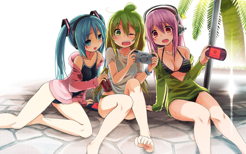 arm_support banana_(kuromaru9) banana_hair_ornament barefoot bikini bikini_under_clothes blue_hair breasts competition_school_swimsuit crossover feet food_themed_hair_ornament green_hair hair_ornament handheld_game_console hatsune_miku headphones highres jacket kuromaru9 medium_breasts multiple_girls navel nitroplus one-piece_swimsuit one_eye_closed original palm_tree personification pink_hair playing_games playstation_portable pool small_breasts super_sonico swimsuit swimsuit_under_clothes tree vocaloid