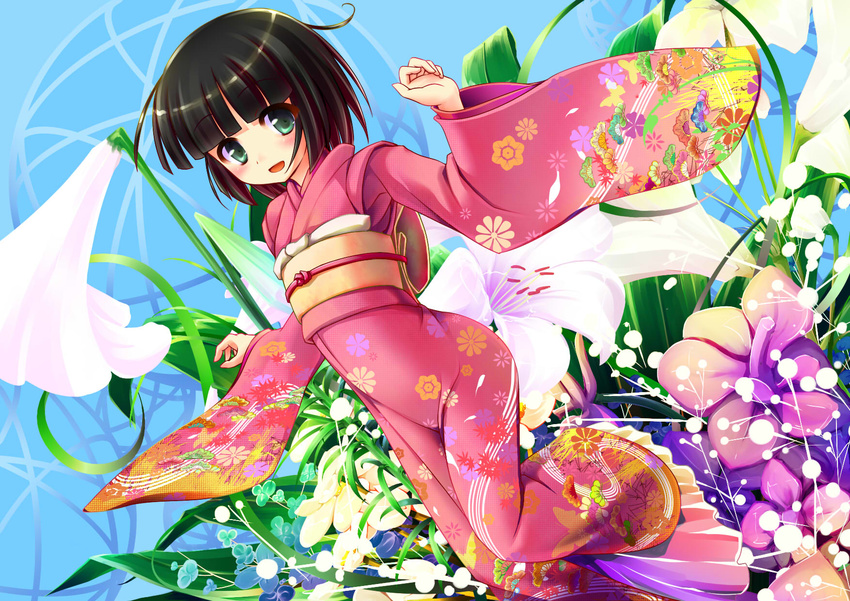 black_hair blush flower green_eyes highres ikoku_meiro_no_croisee japanese_clothes koharuu open_mouth short_hair smile solo yune_(ikoku_meiro_no_croisee)