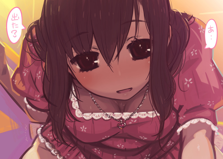 blush breasts brown_hair cleavage downblouse jewelry kaqo looking_at_viewer medium_breasts no_panties open_mouth original pendant solo translated wavy_hair