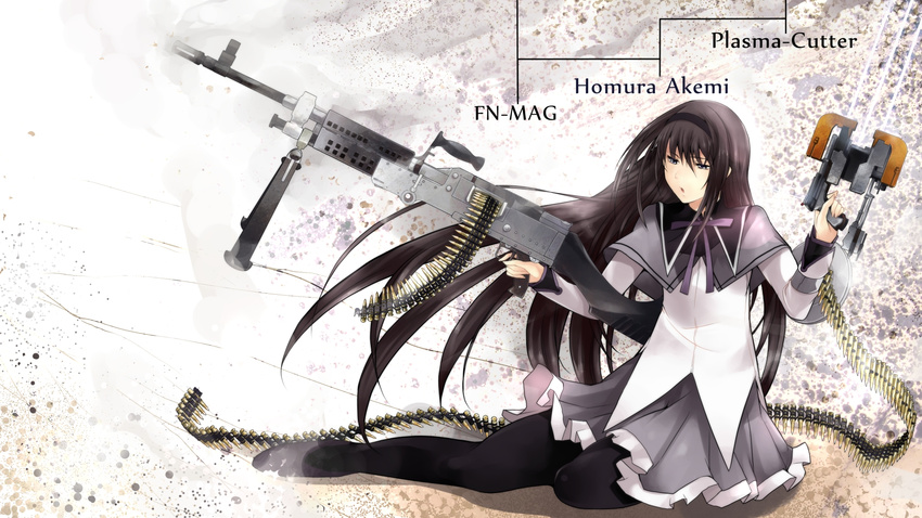 akemi_homura bad_id bad_pixiv_id black_hair dead_space fn_mag gun hairband highres long_hair machine_gun magical_girl mahou_shoujo_madoka_magica nishiide_kengorou pantyhose plasma_cutter purple_eyes solo weapon