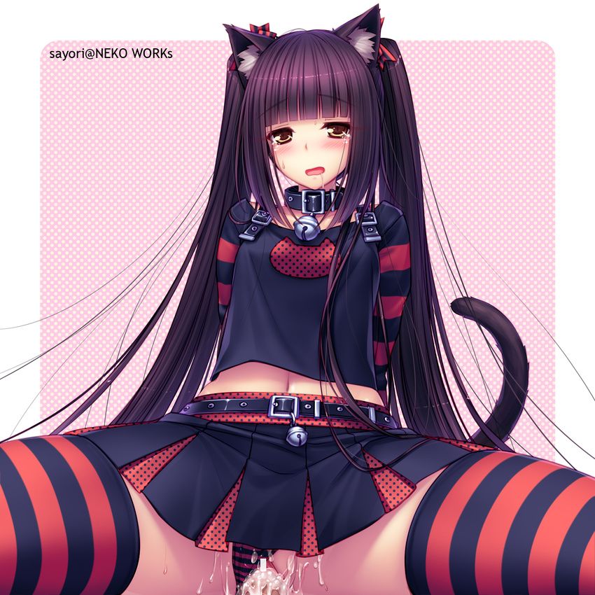 animal_ears bad_id bad_pixiv_id bar_censor bell bell_collar belt blush cat_ears cat_tail censored chocola_(sayori) clothed_sex collar cum cum_in_pussy hetero highres jingle_bell long_hair navel nekopara open_mouth panties panties_aside penis pleated_skirt pointless_censoring polka_dot purple_hair saliva sayori sex skirt slit_pupils solo_focus spread_legs striped striped_legwear striped_panties tail tears thighhighs twintails underwear vaginal very_long_hair yellow_eyes