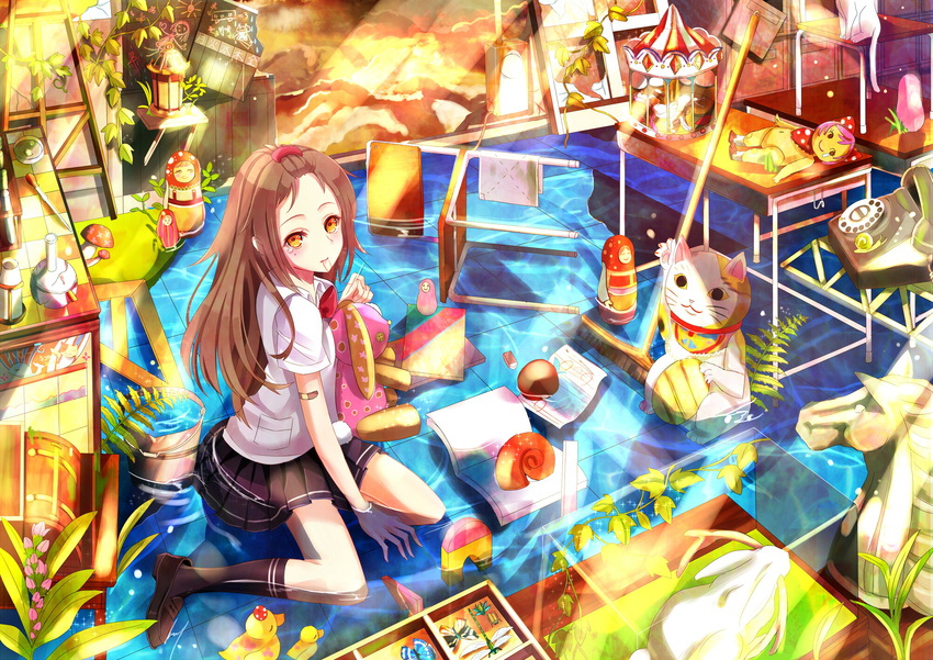 bad_id bad_pixiv_id bandaid blush brown_hair bucket bug cat chair desk doll dragonfly dropper flask hair_ornament hairclip highres holding_needle insect jackalope lamp light_particles light_rays loafers long_hair looking_at_viewer maneki-neko matryoshka_doll mole mole_under_eye mouth_hold needle original partially_submerged petri_dish phone pleated_skirt rotary_phone rubber_duck school_uniform shoes signature sitting skirt snail solo sparkle string stuffed_animal stuffed_toy sunbeam sunlight tears test_tube test_tube_rack wariza water yellow_eyes yuna_(rutera)