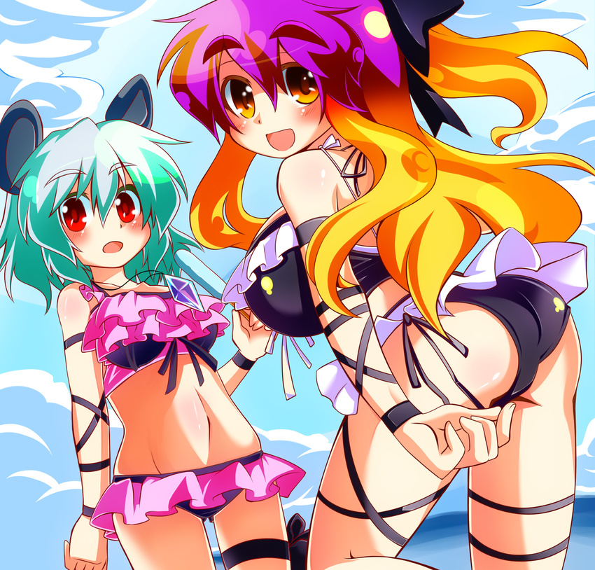 animal_ears arm_ribbon ass bikini black_bikini blue_sky blush breasts day eyebrows food frilled_bikini frills gin_(shioyude) gradient_hair green_hair highres hijiri_byakuren jewelry large_breasts leg_ribbon midriff mouse_ears multicolored_hair multiple_girls nazrin necklace open_mouth pendant popsicle red_eyes ribbon sky smile swimsuit thick_eyebrows touhou yellow_eyes