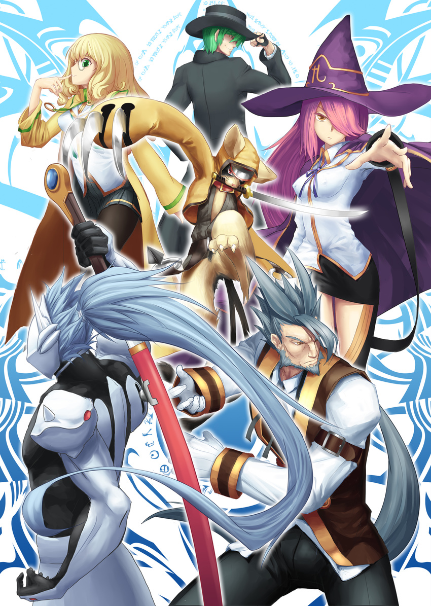 4boys bad_id bad_pixiv_id blazblue blazblue_phase_0 breasts cat claws covered_nipples fighting_stance forehead_protector fur glasses green_hair grey_hair hair_over_one_eye hakumen hat hazama headband highres hood huge_weapon jubei_(blazblue) katana konoe_a_mercury long_hair multiple_boys multiple_girls pantyhose pink_hair scabbard school_uniform serafuku sheath silver_hair skirt small_breasts sword trinity_glassfield tsukikanade valkenhayn_r_hellsing weapon witch_hat younger