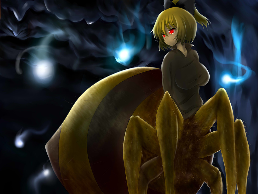 absurdres blonde_hair bow breasts bug cave giru_(silver-riaslight) glowing glowing_eyes hair_bow highres hitodama insect_girl kurodani_yamame kurodani_yamame_(spider) medium_breasts monster_girl multiple_legs ponytail red_eyes solo spider spider_girl touhou