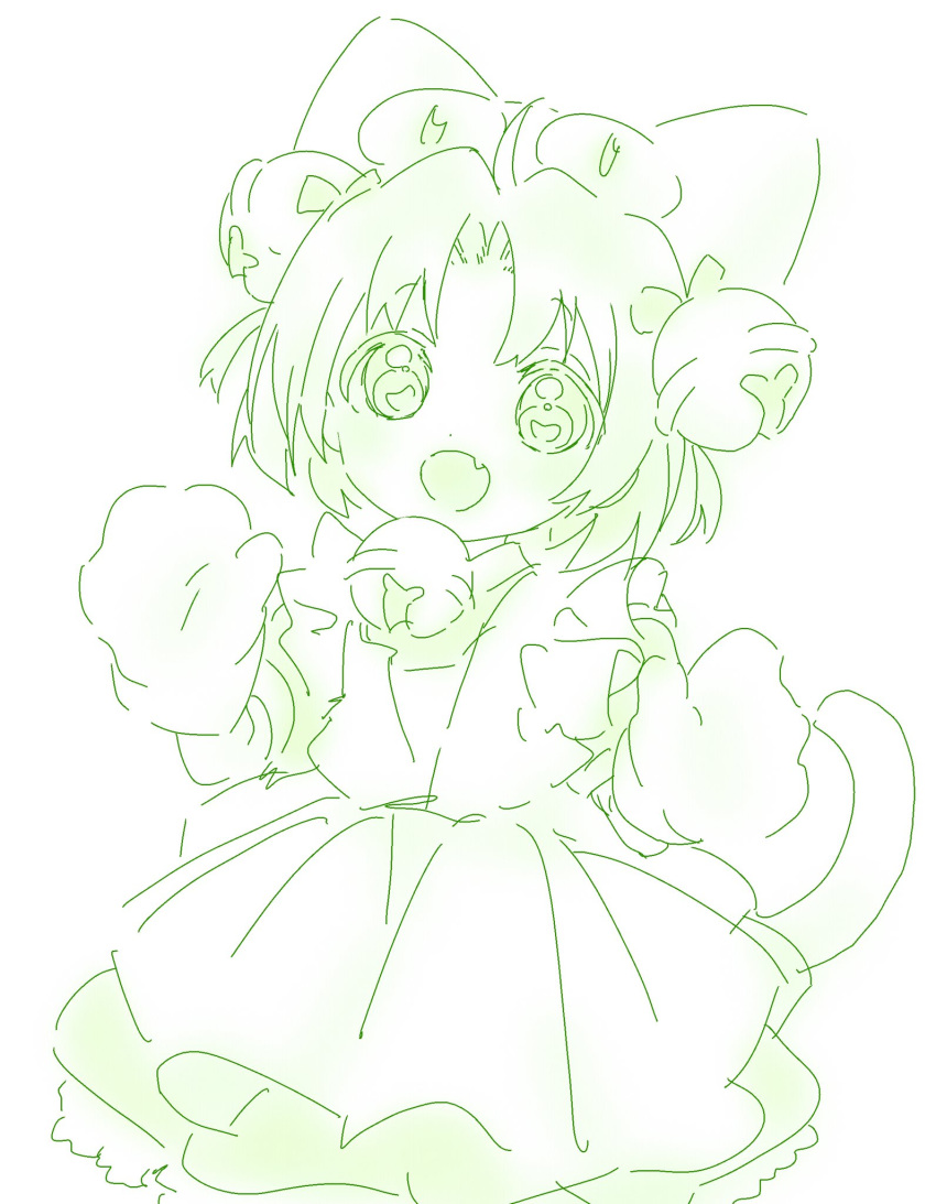 1girl animal_ears bell cat_ears dejiko di_gi_charat dress green_hair hair_ornament hat highres jingle_bell looking_at_viewer monochrome namori open_mouth short_hair smile solo tail