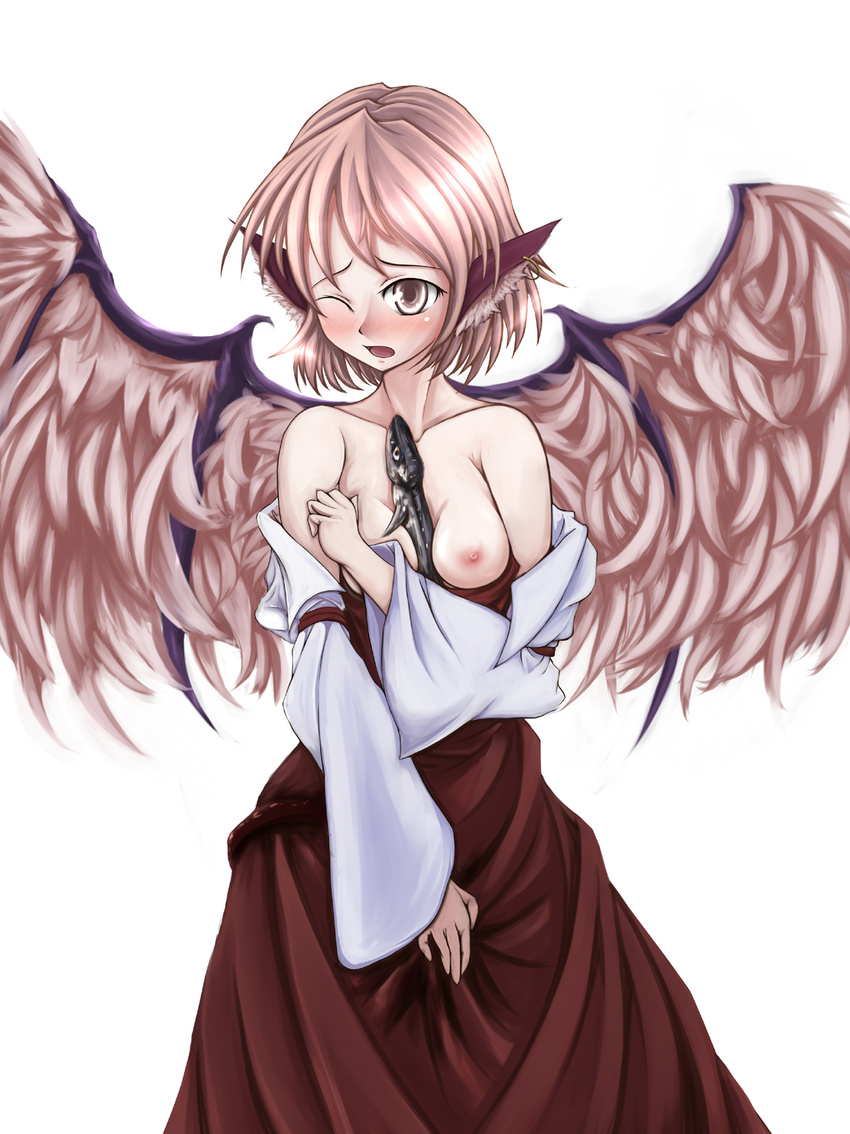 animal_ears bare_shoulders between_breasts breasts brown_eyes dress earrings eel gr_(artist) highres jewelry mystia_lorelei nipples no_bra no_hat no_headwear off_shoulder one_eye_closed pink_hair short_hair simple_background single_earring small_breasts solo touhou wince wings