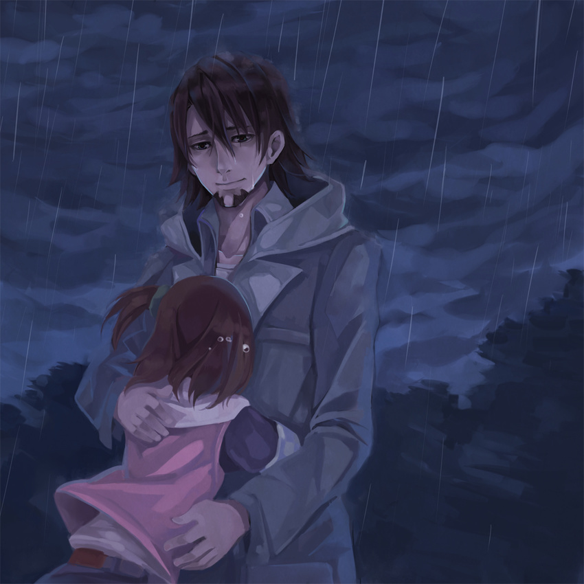 1girl bad_id bad_pixiv_id brown_eyes brown_hair coat facial_hair father_and_daughter from_behind hao_(patinnko) highres hug kaburagi_kaede kaburagi_t_kotetsu rain short_hair side_ponytail stubble tears tiger_&amp;_bunny vest