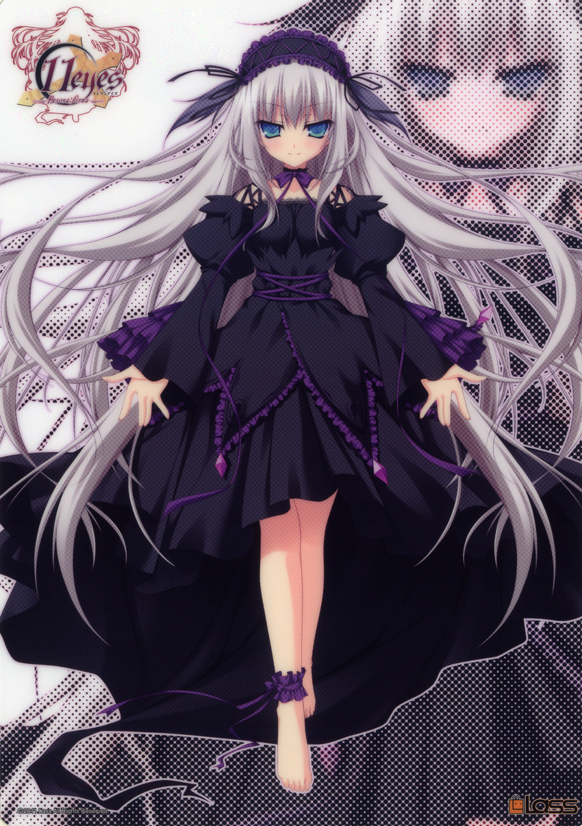 11eyes 1girl 2011 absurdres ankle_garter barefoot black blue_eyes chikotam dress female garters gothic_lolita halftone hayakawa_harui headdress highres lisette_vertorre lolita_fashion long_hair official_art open_\m/ rizetto_verutooru scan silver_hair solo very_long_hair zoom_layer